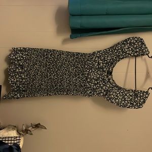 blue, white, floral tight, ruffle dress